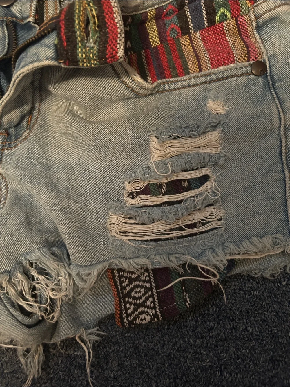 Free People FP Distressed Aztec Inset Denim Shorts Boho Festival Size 28